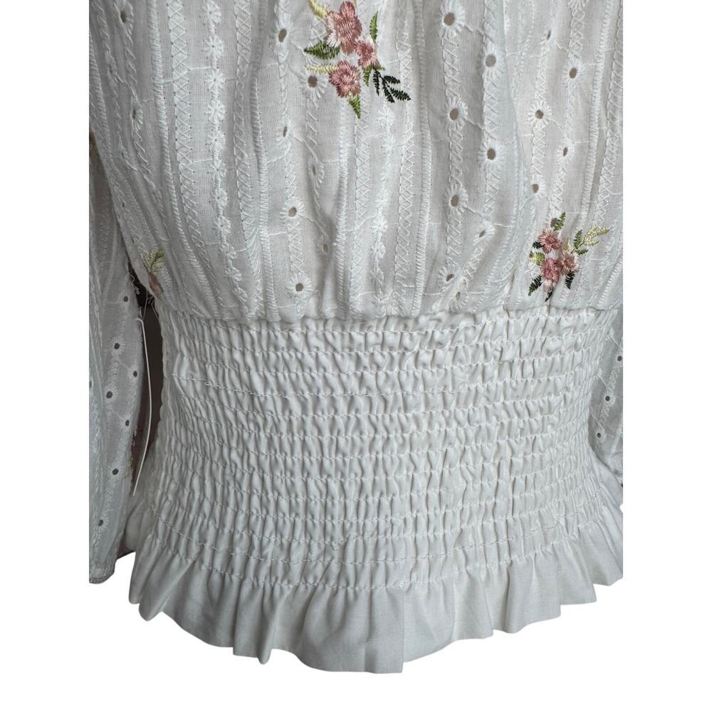 KIRIOUS White Eyelet Floral Smocked Peasant Cottagecore Crop Top Large NWT - Picture 6 of 10